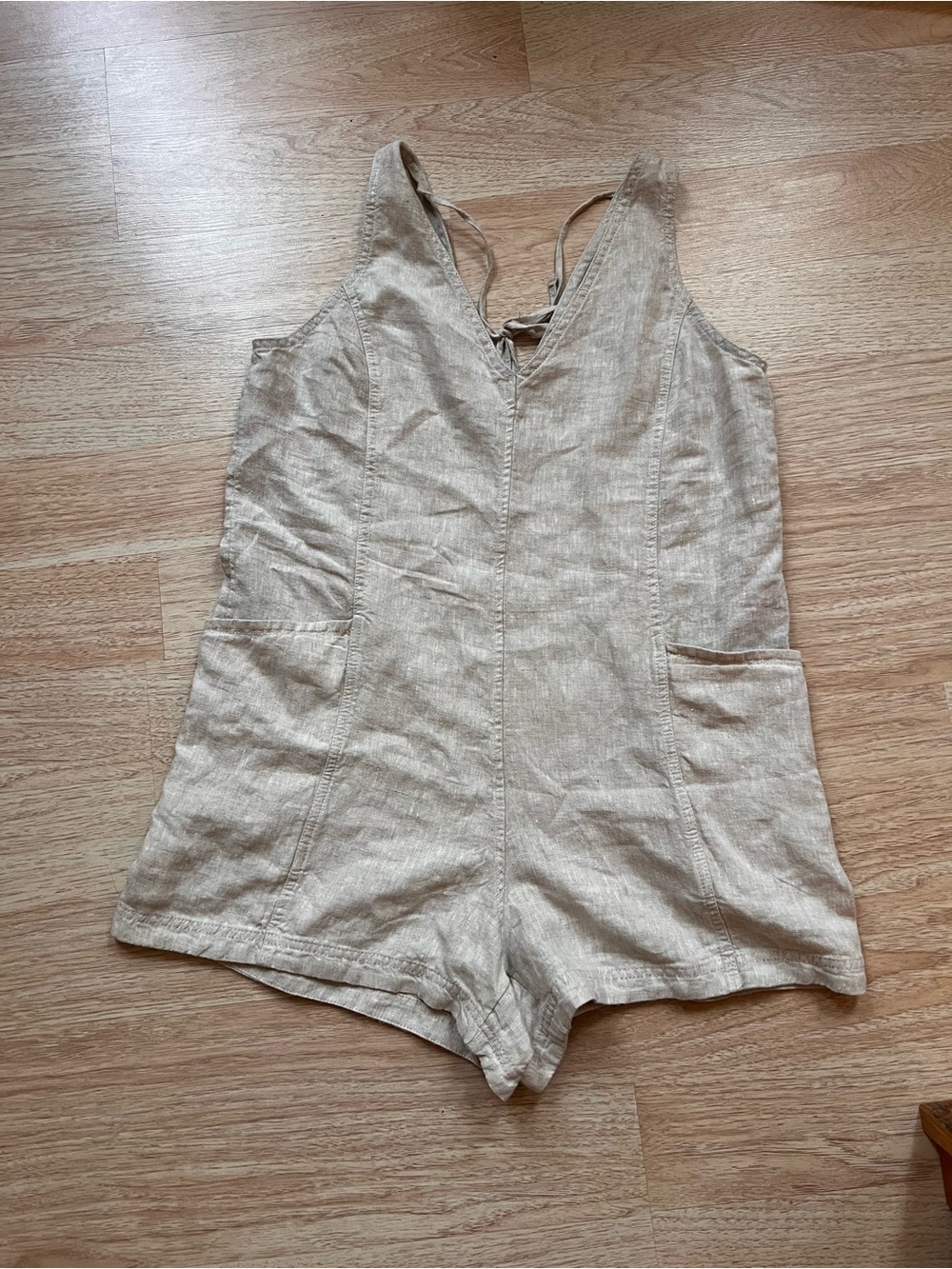 Women’s Linen Tan Romper - Casual V-Neck Jumpsuit